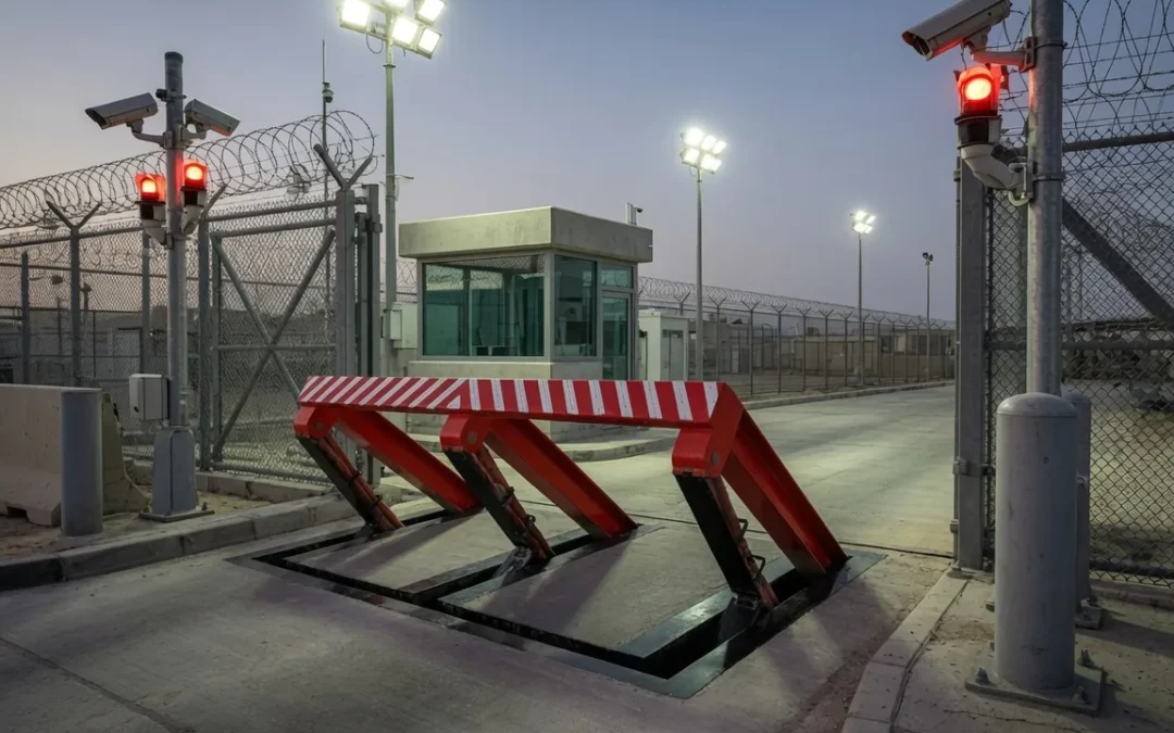Crash rated anti ram barrier protecting a facility entrance