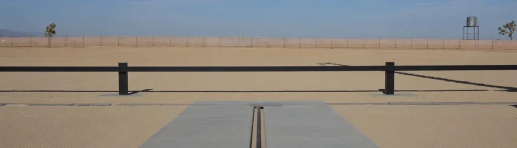 AVBD 951 post and beam vehicle barrier installed across a crash test approach, two steel posts and a continuous blocking beam
